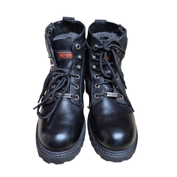 Harley Davidson Black Leather Side Zip Lace Up Buckle Lug Sole MOTO Boots 8 1/2 - Picture 2 of 7